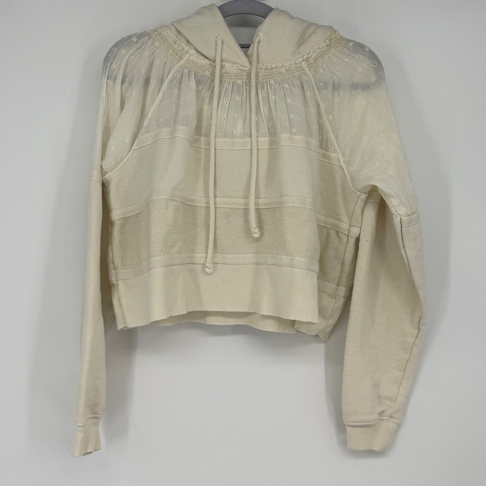 Free People XS Cream Eyelet Mixed Media Cropped Oversized Hoodie Sweatshirt